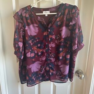Evereve Plum Floral Button-Front Ruffle Sleeve Blouse